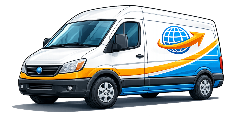 Colorful delivery van with globe logo