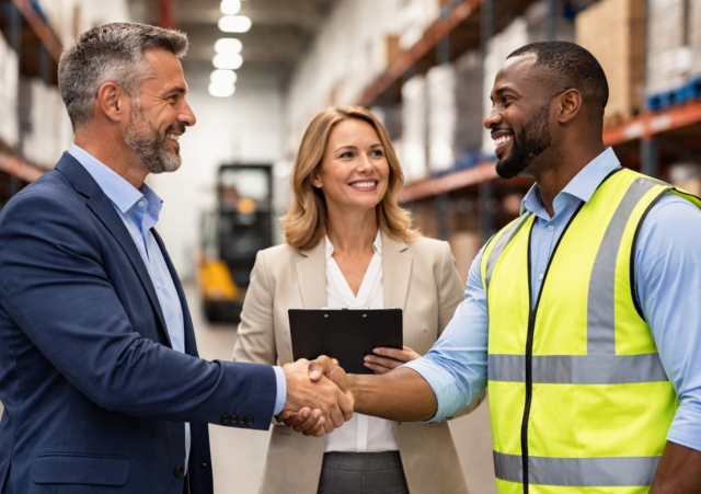 Business professionals shaking hands in warehouse